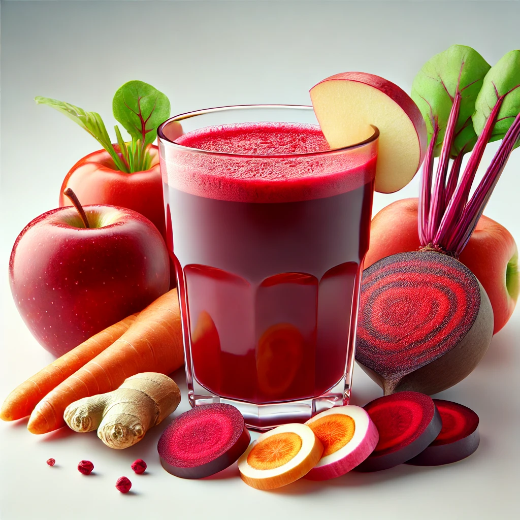 fresh red juice made from beetroot, apple, carrot, and ginger. The juice is in a clear glass, with visible beetroot, apple