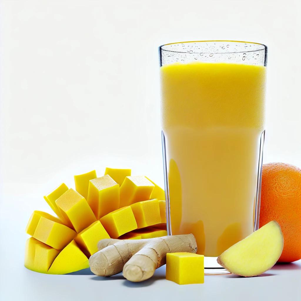 A photorealistic image of a fresh juice made from mango, pineapple, ginger, and orange. The juice is in a clear glass, with visible mango, pineapple,