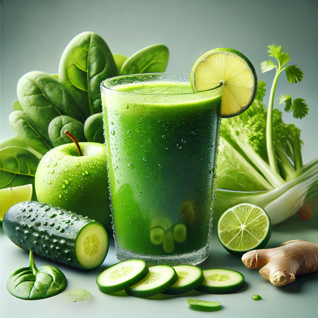 A photorealistic image of a fresh green juice made from spinach, lime, cucumber, celery, ginger, and green apple.